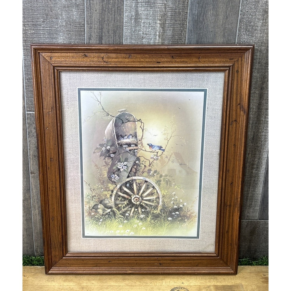 Vintage 1980s HOMCO Andreas Ortinas Bluebirds Mailbox Framed Lithograph Print
